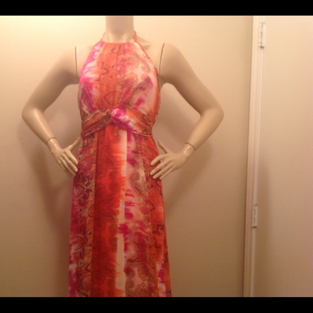 Backless Multi Colored Halter Maxi Dress